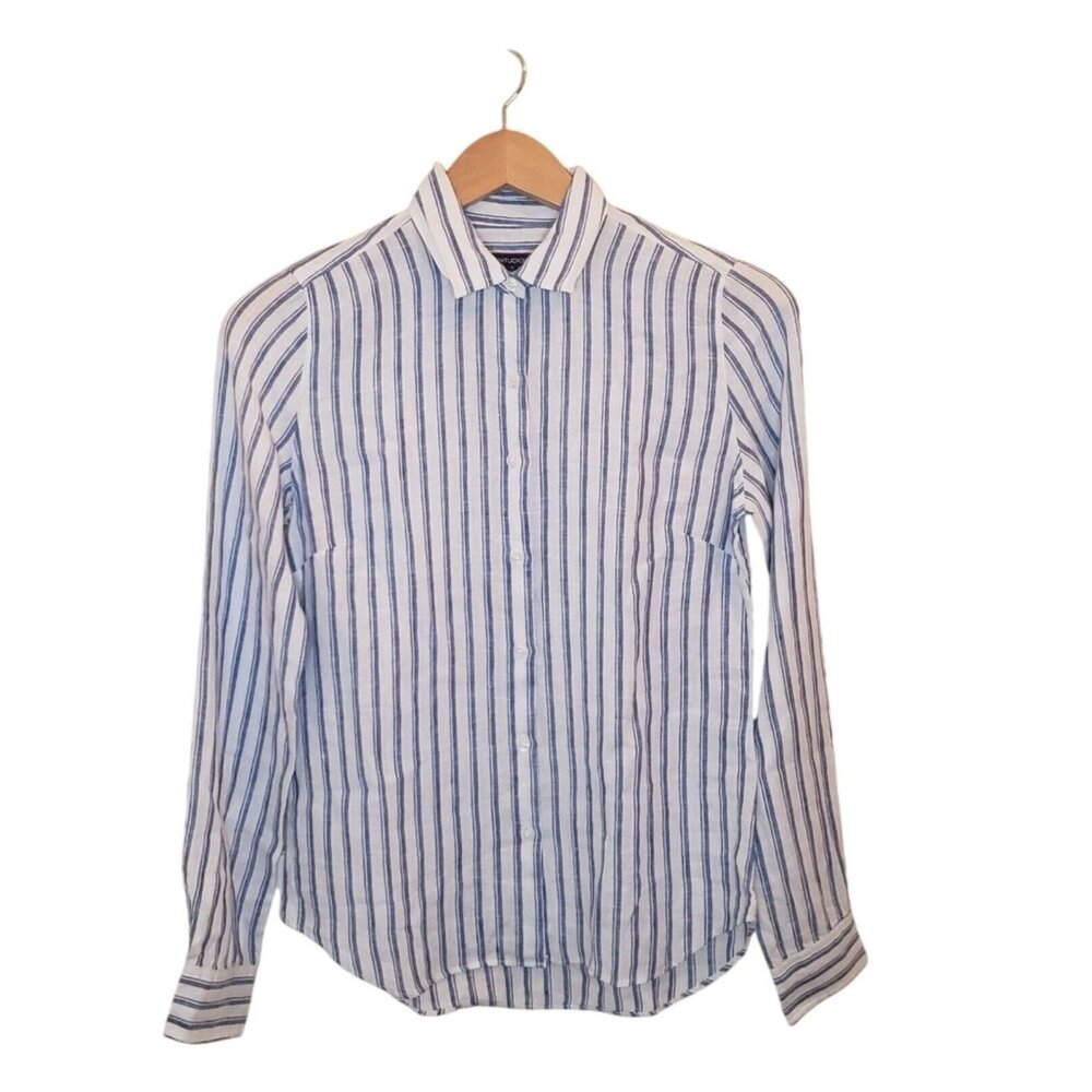 Untuckit Women Button-Up Linen Shirt Wehlen Blue White Stripe NWT/NWOT Pick Size - Picture 1 of 12